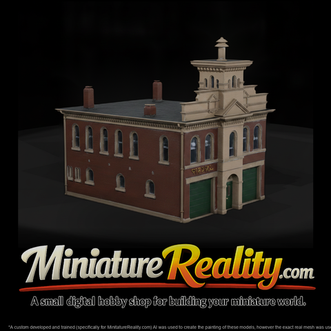 Historic Brick City Hall Firehouse miniature, three-quarter view