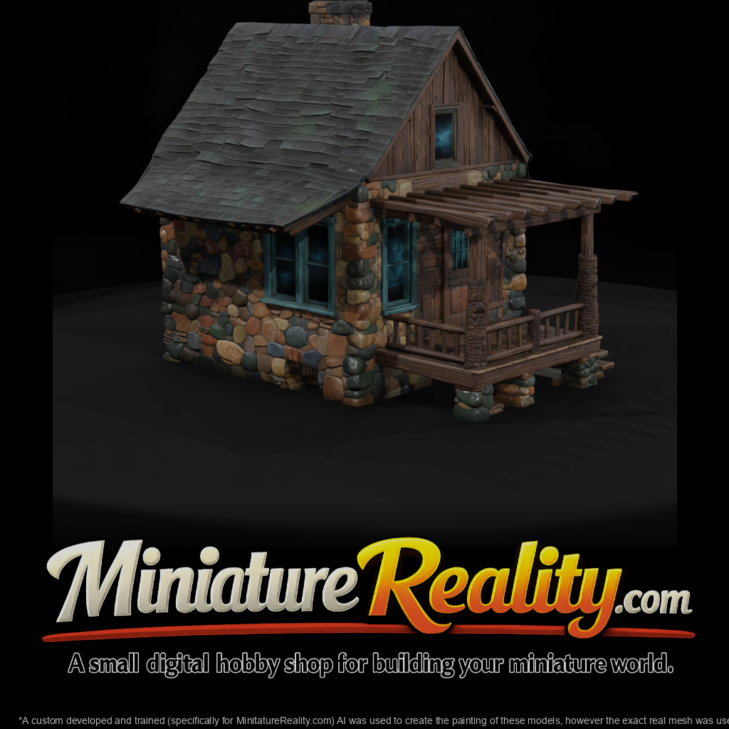 Stone Cabin Autumn Woods miniature, three-quarter view