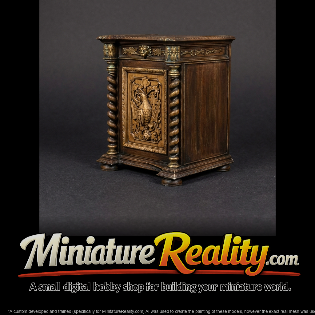Ornate carved hunting cabinet miniature, three-quarter view