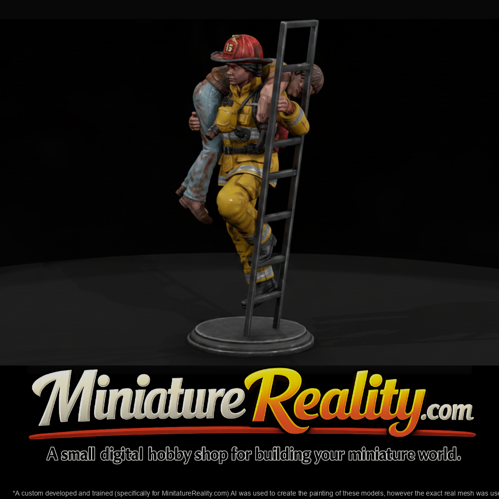 Firefighter Carrying Victim Down Ladder