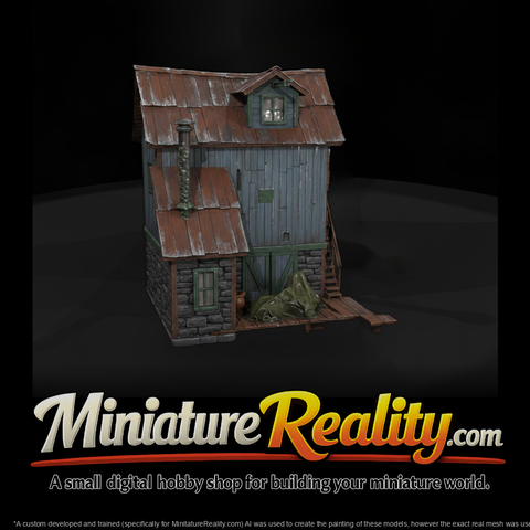 Weathered Stone Wood Industrial Building miniature, three-quarter view