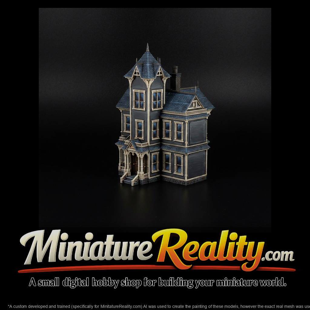 Gothic victorian mansion miniature, three-quarter view