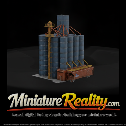 Railroad Grain Elevator miniature, three-quarter view
