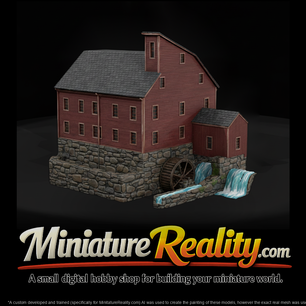 Red Grist Mill Water Wheel miniature, three-quarter view
