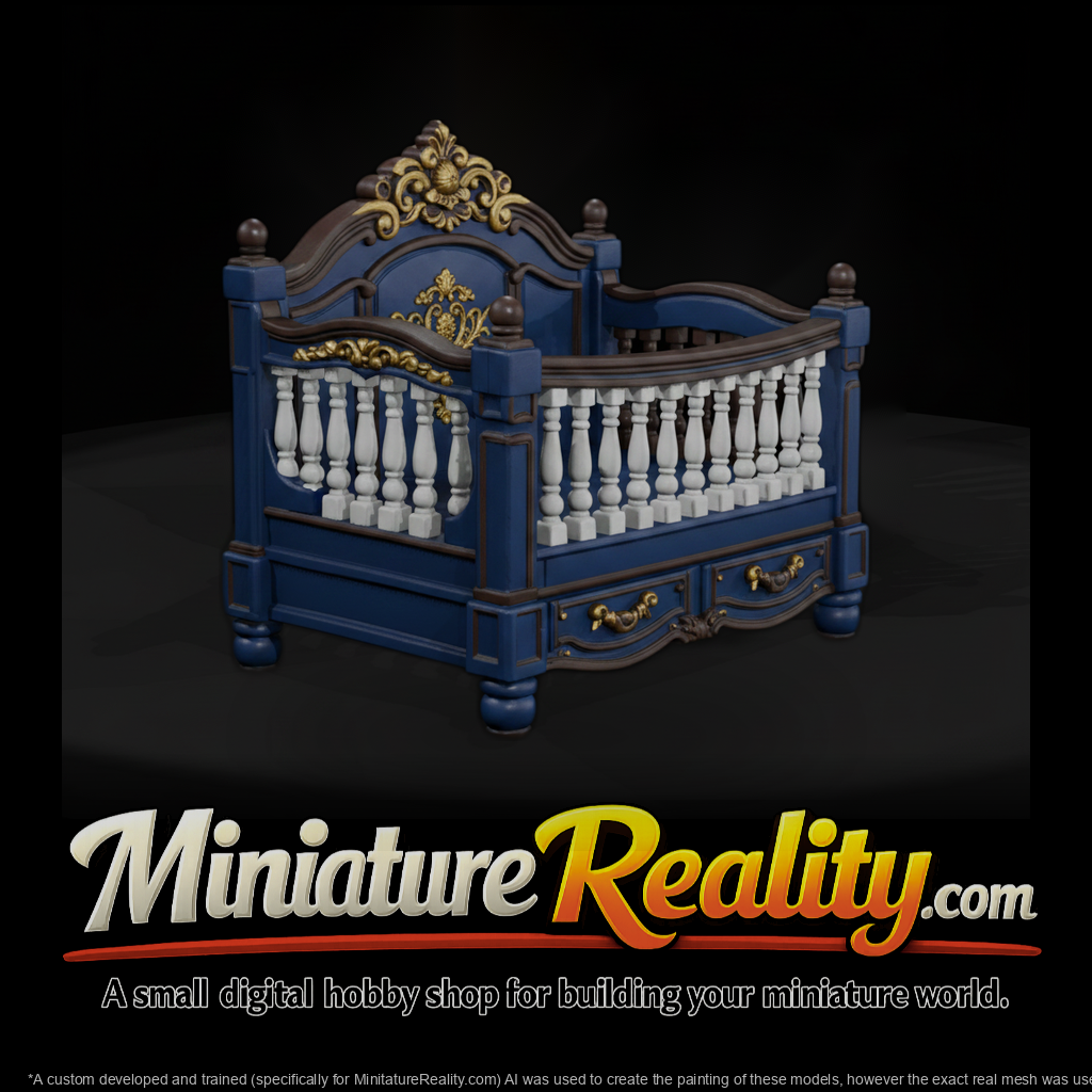 Ornate Antique Baby Crib miniature, three-quarter view