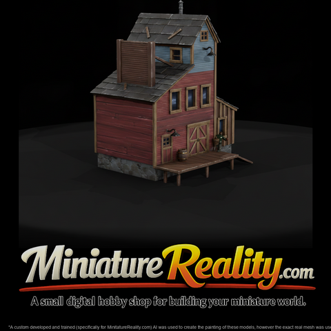 Weathered Wooden Building miniature, three-quarter view