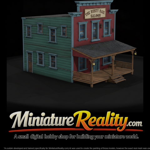 Rusty Two Story Western Building miniature, three-quarter view