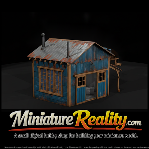 Rusty Corrugated Workshop Shed miniature, three-quarter view
