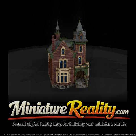 Ornate Victorian Brick Mansion miniature, three-quarter view