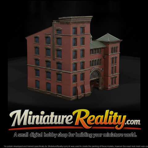 Red Brick Factory Building miniature, three-quarter view