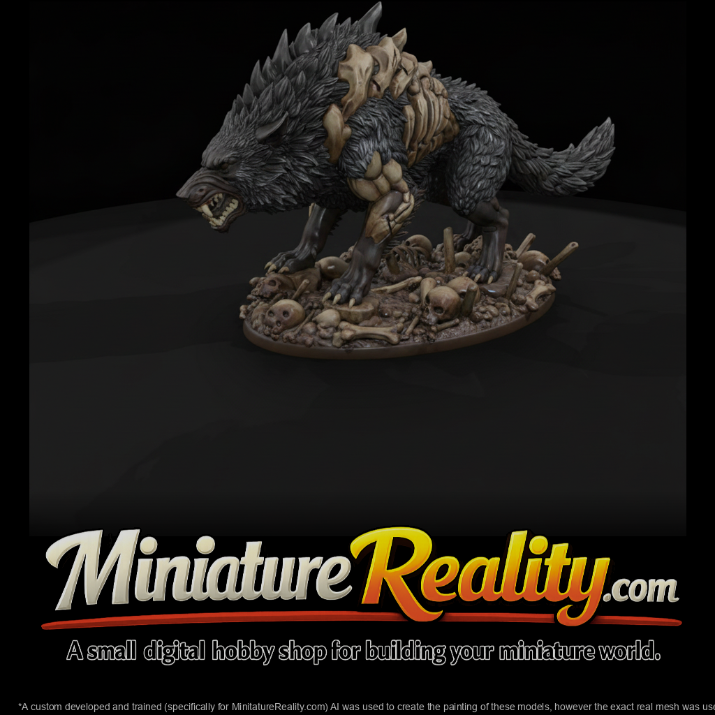 Ashen Bone-Plated Dire Wolf miniature, three-quarter view