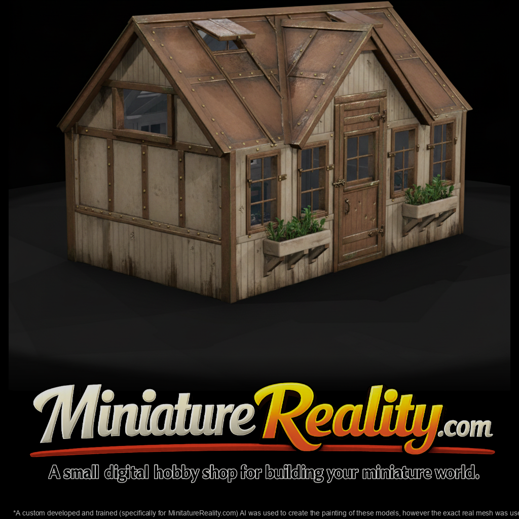 Small Wooden Greenhouse miniature, three-quarter view