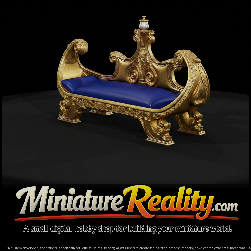 Ornate Gilded Settee with Blue Cushion miniature, three-quarter view