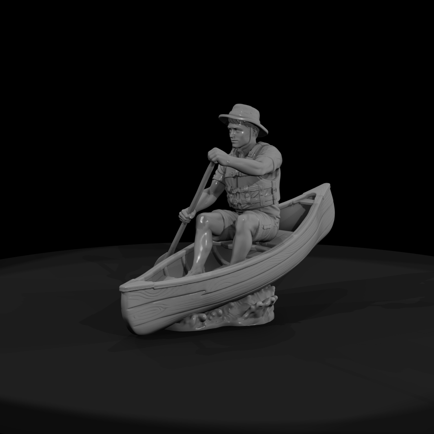 Wooden Canoe with Paddler