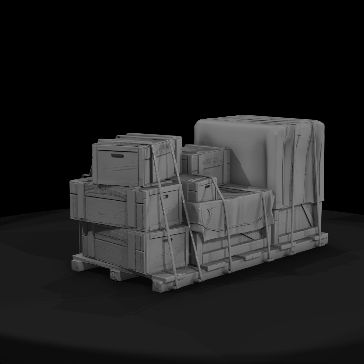 20260612 Stacked Crates Tarp Covered Pallet 7D9B5B