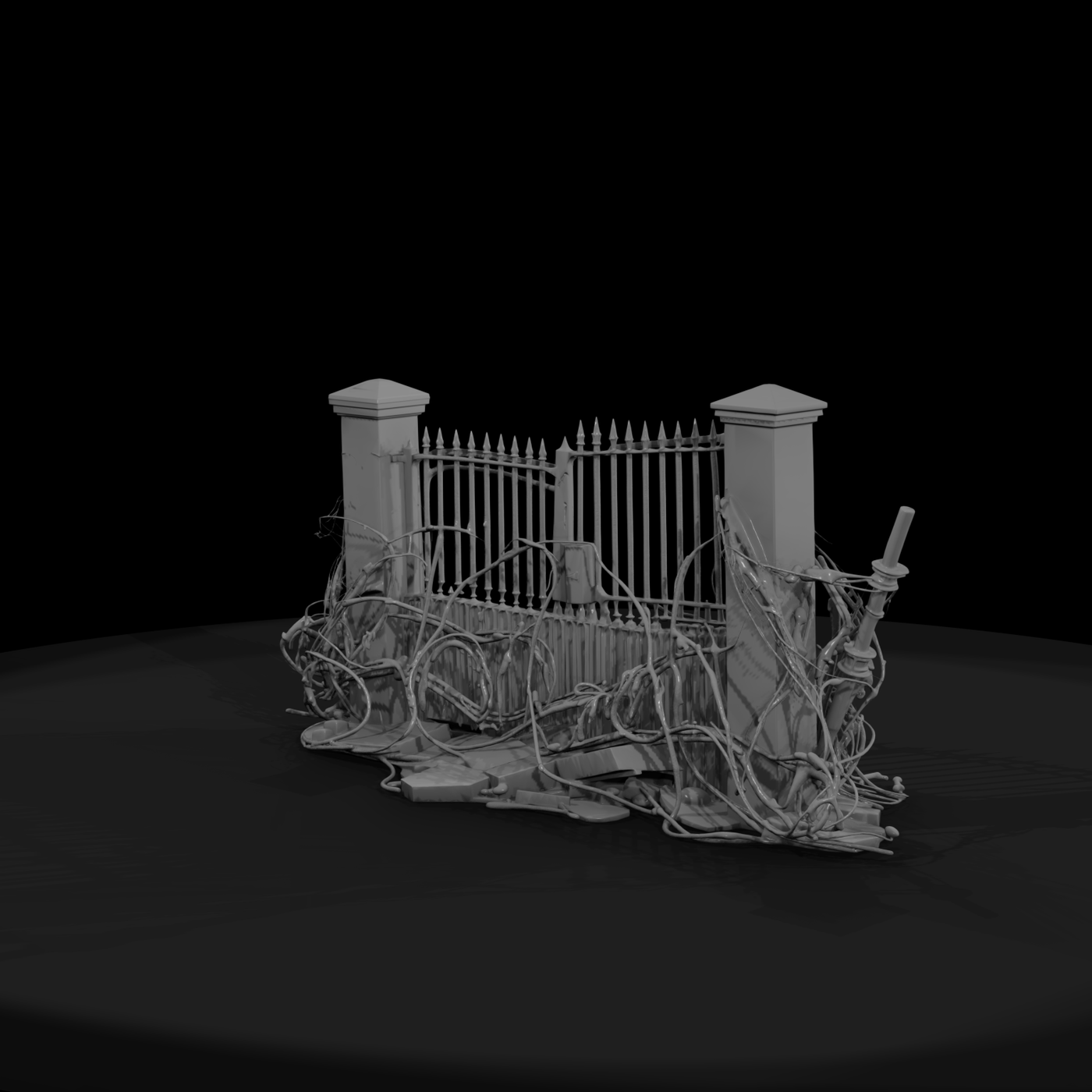 Damaged Ornamental Wrought-Iron Gate with Stone Posts