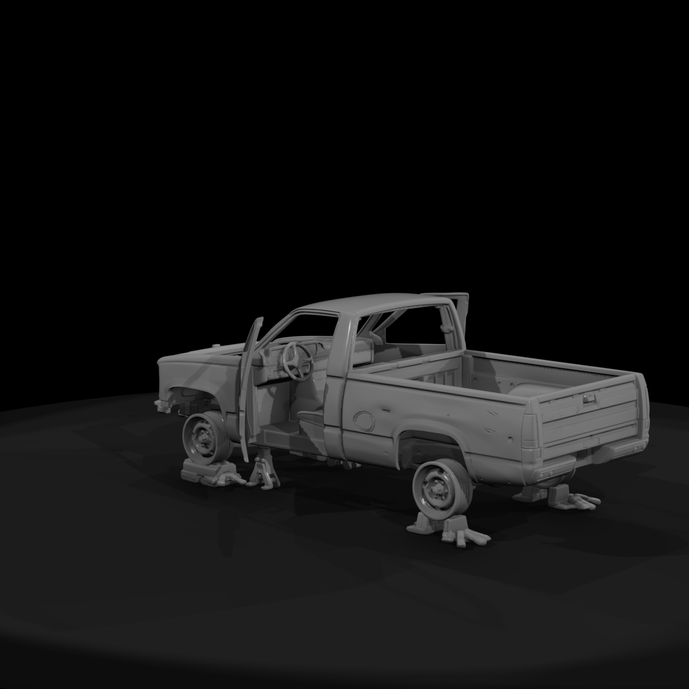 Stripped Junkyard Pickup on Jack Stands