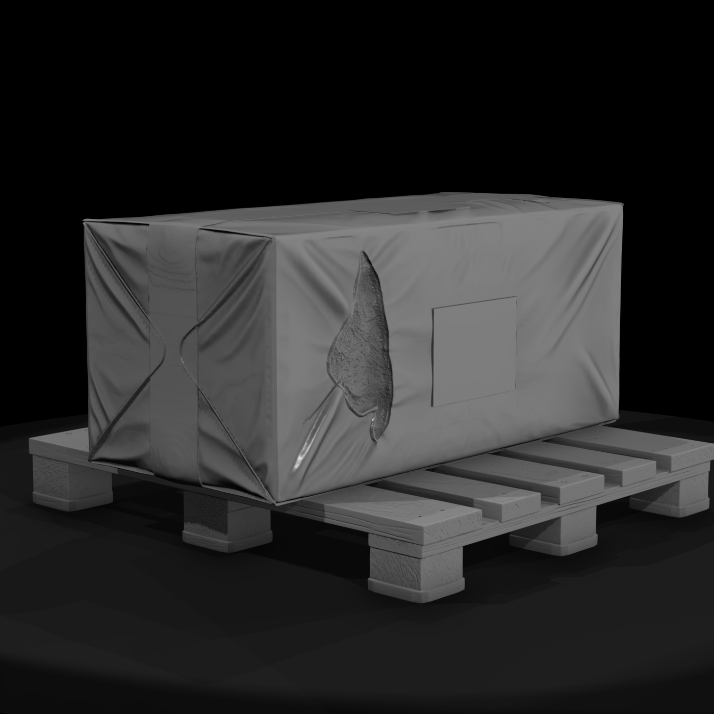 Tarp-wrapped cargo on wooden pallet