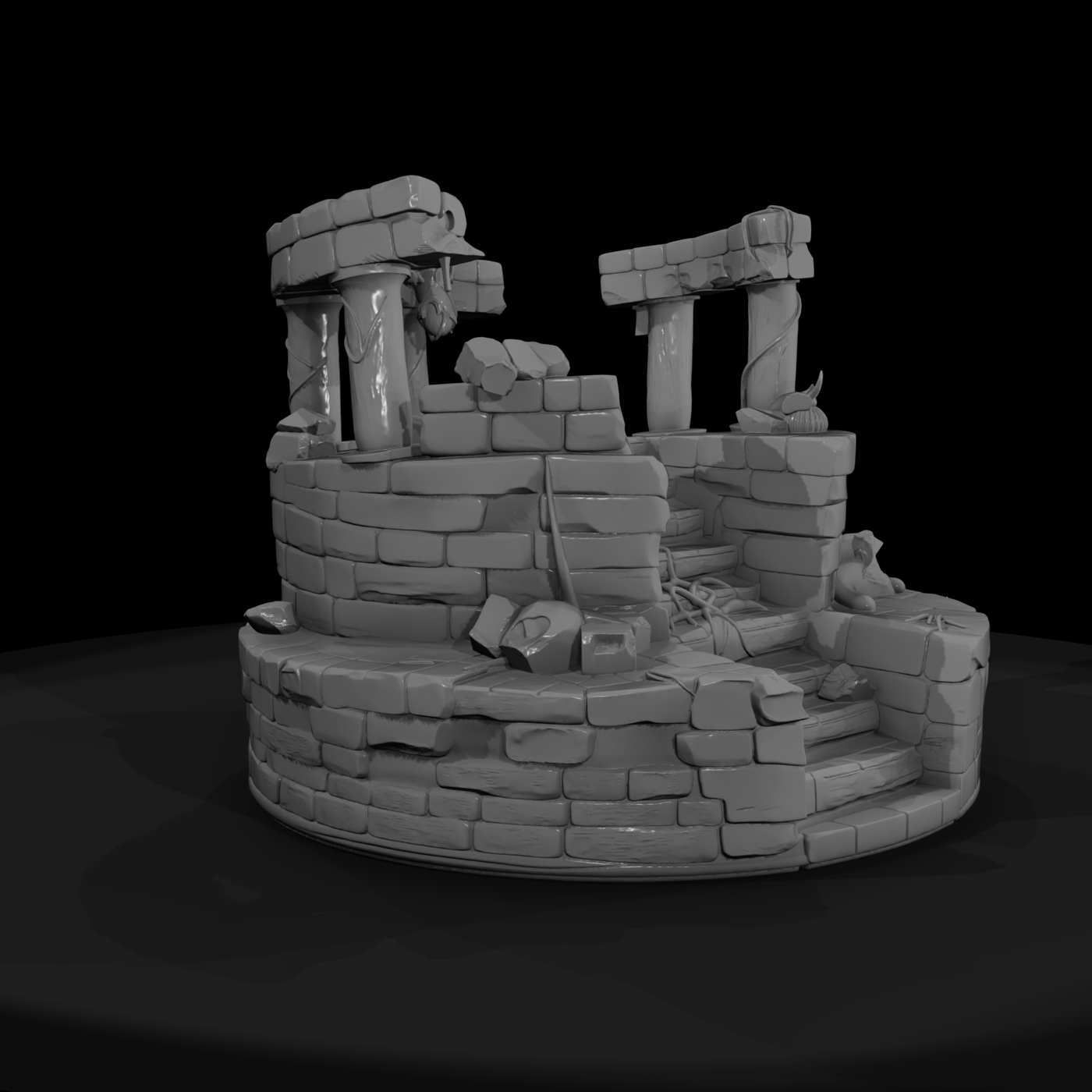 Stylized fantasy ruined shrine centerpiece