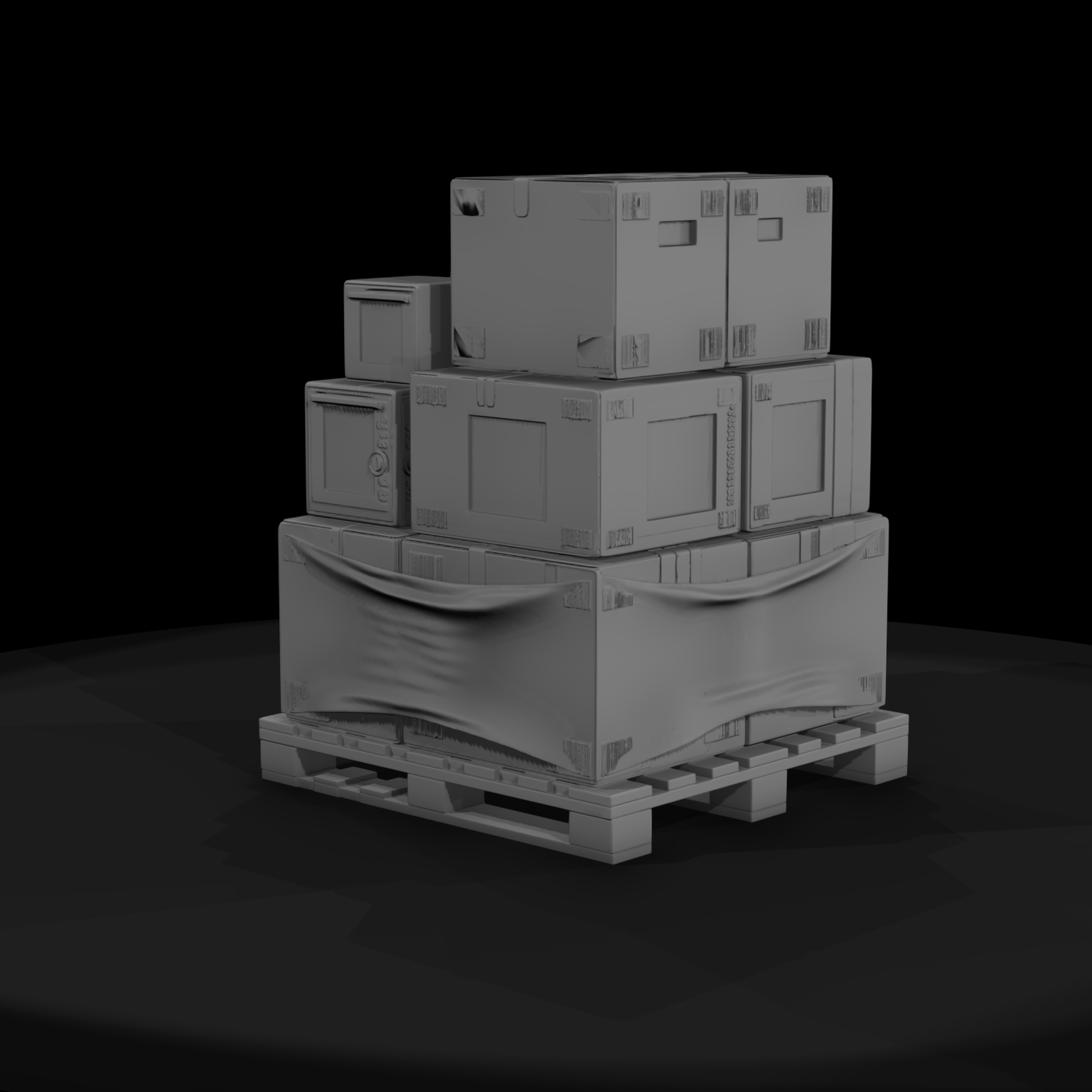 Stacked Shipping Pallet with Crates and Stretch Wrap