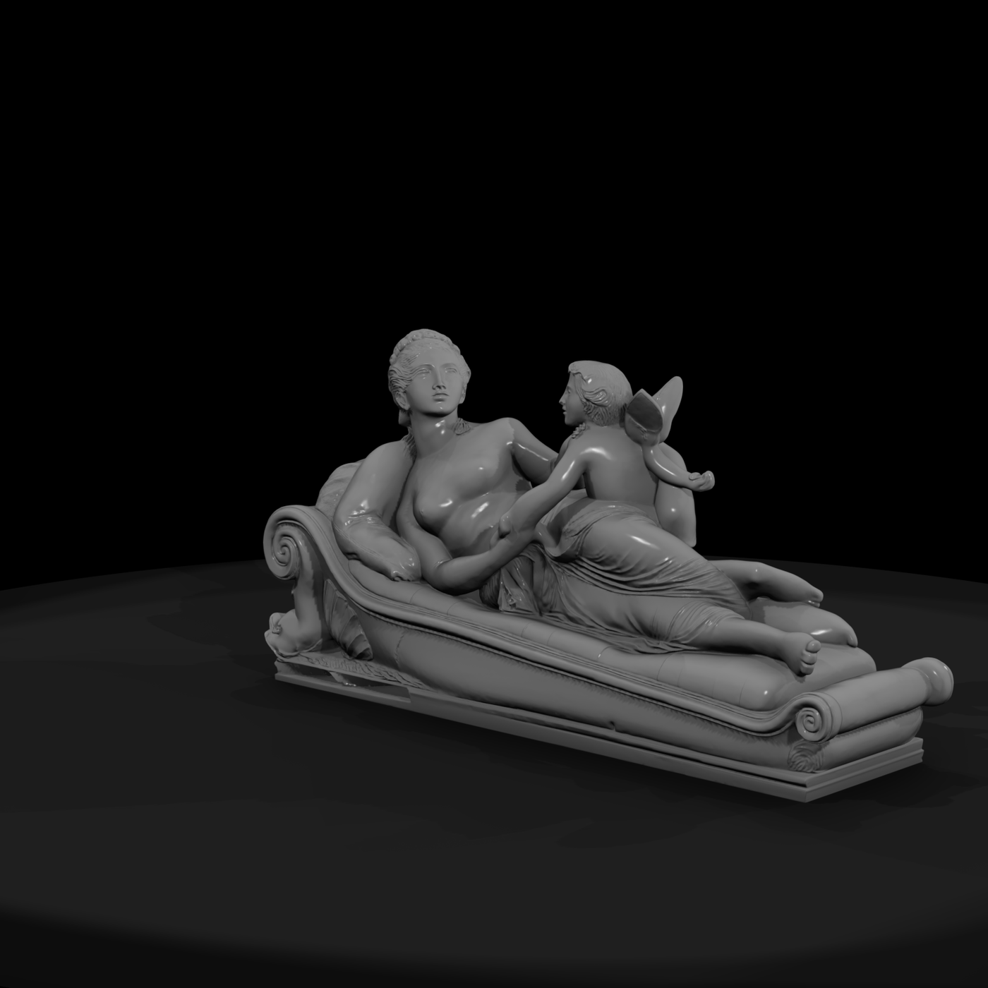 Reclining Woman with Cherub on Chaise ( Sculpture)