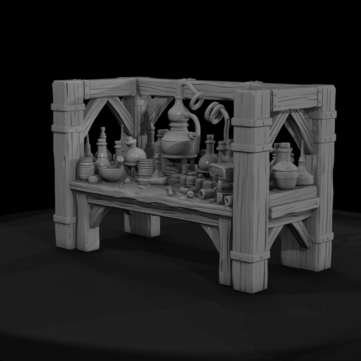 Stylized Fantasy Alchemist Workbench 3D Model Cpd7
