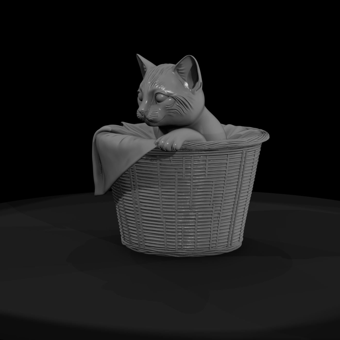Stylized Tabby Cat in Wicker Basket