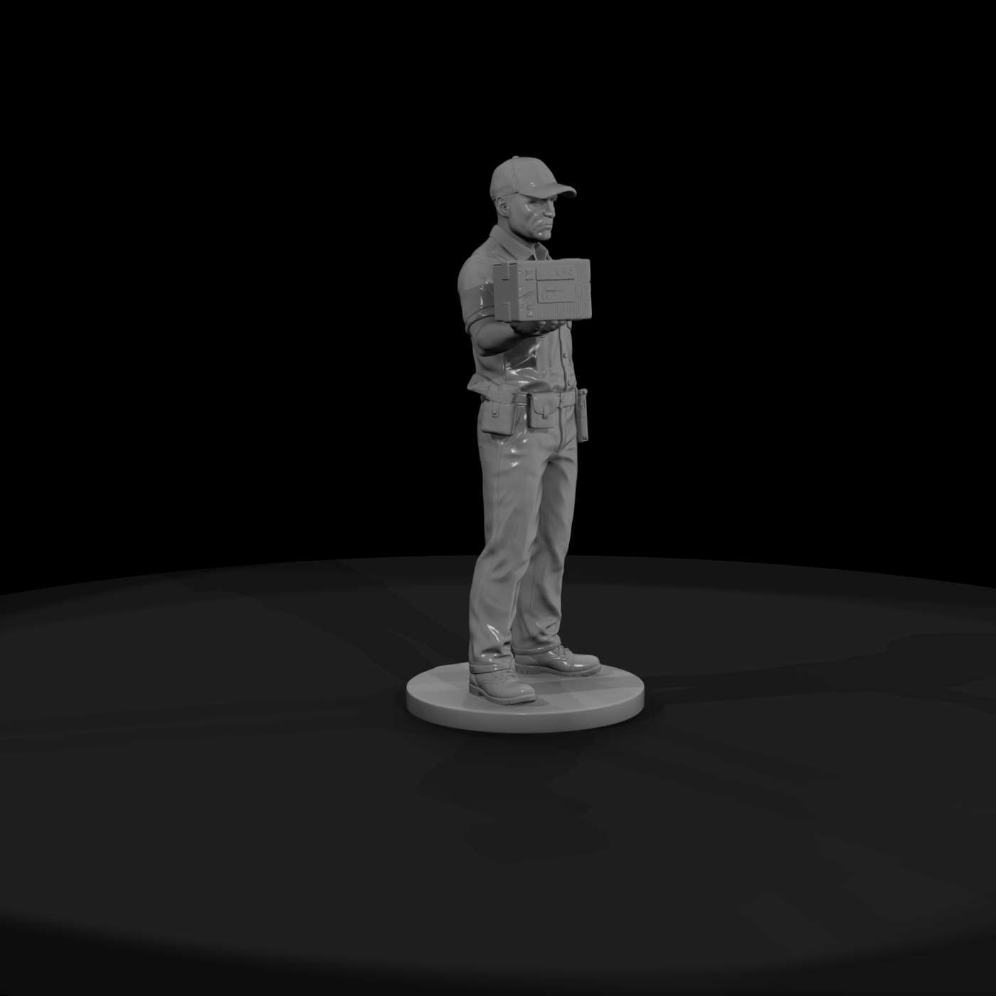 Uniformed Guard with Delivery Crate