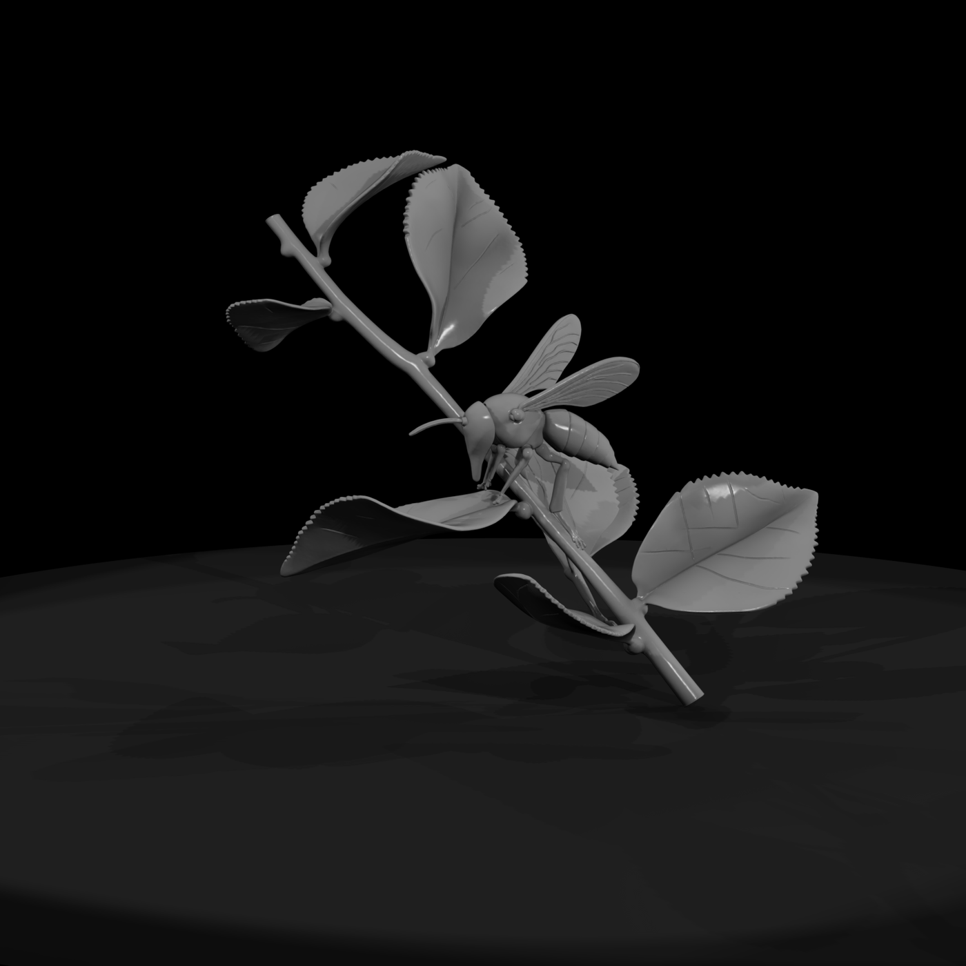 Stylized Low-Poly Wasp on Leafy Twig — Accent