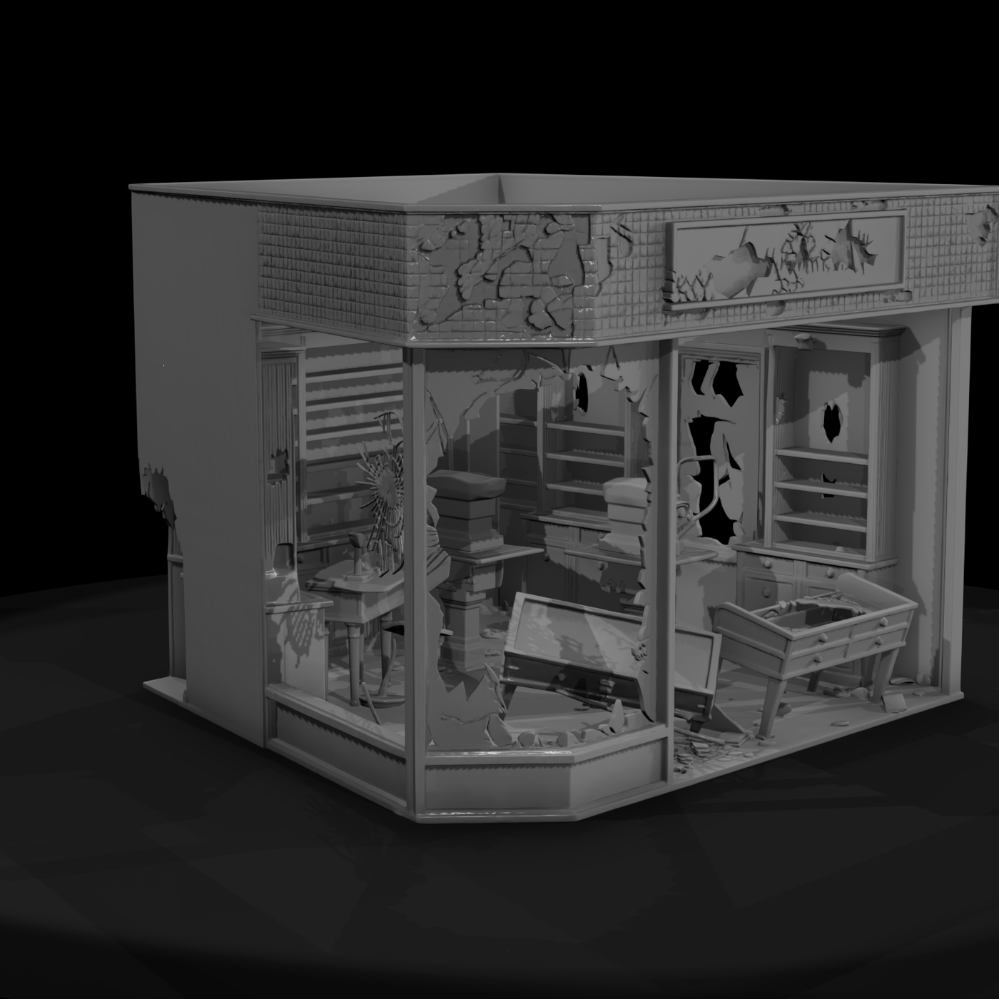 Shell-Damaged Corner Shop with Interior