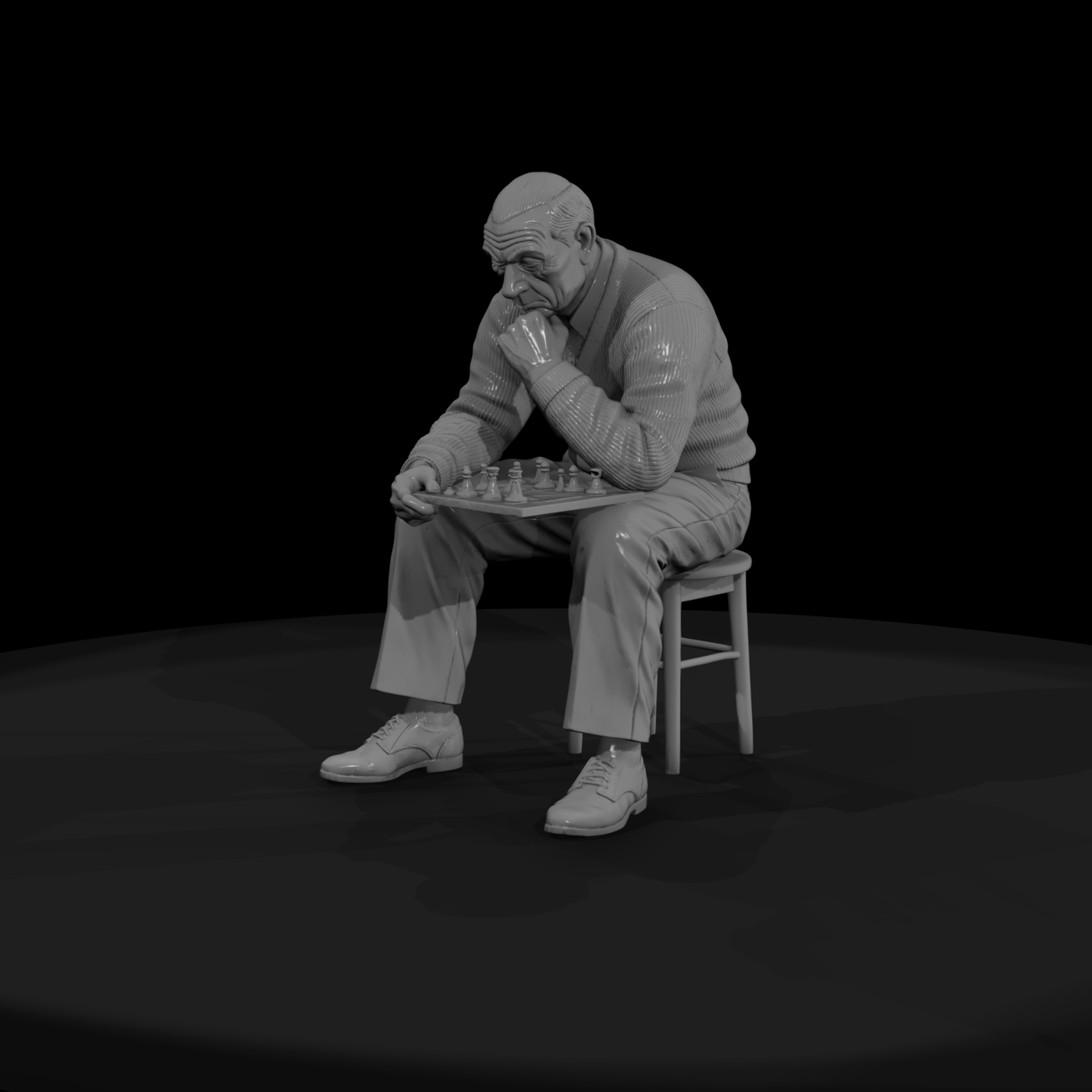 Elderly Man Contemplating Chess