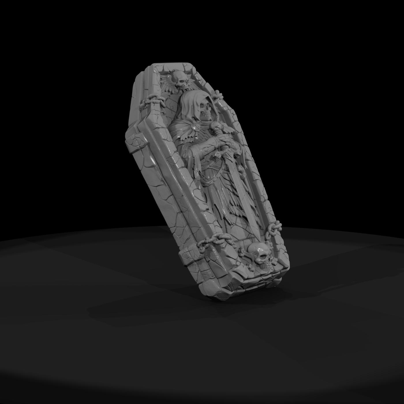 Carved Stone Coffin Lid with Reaper