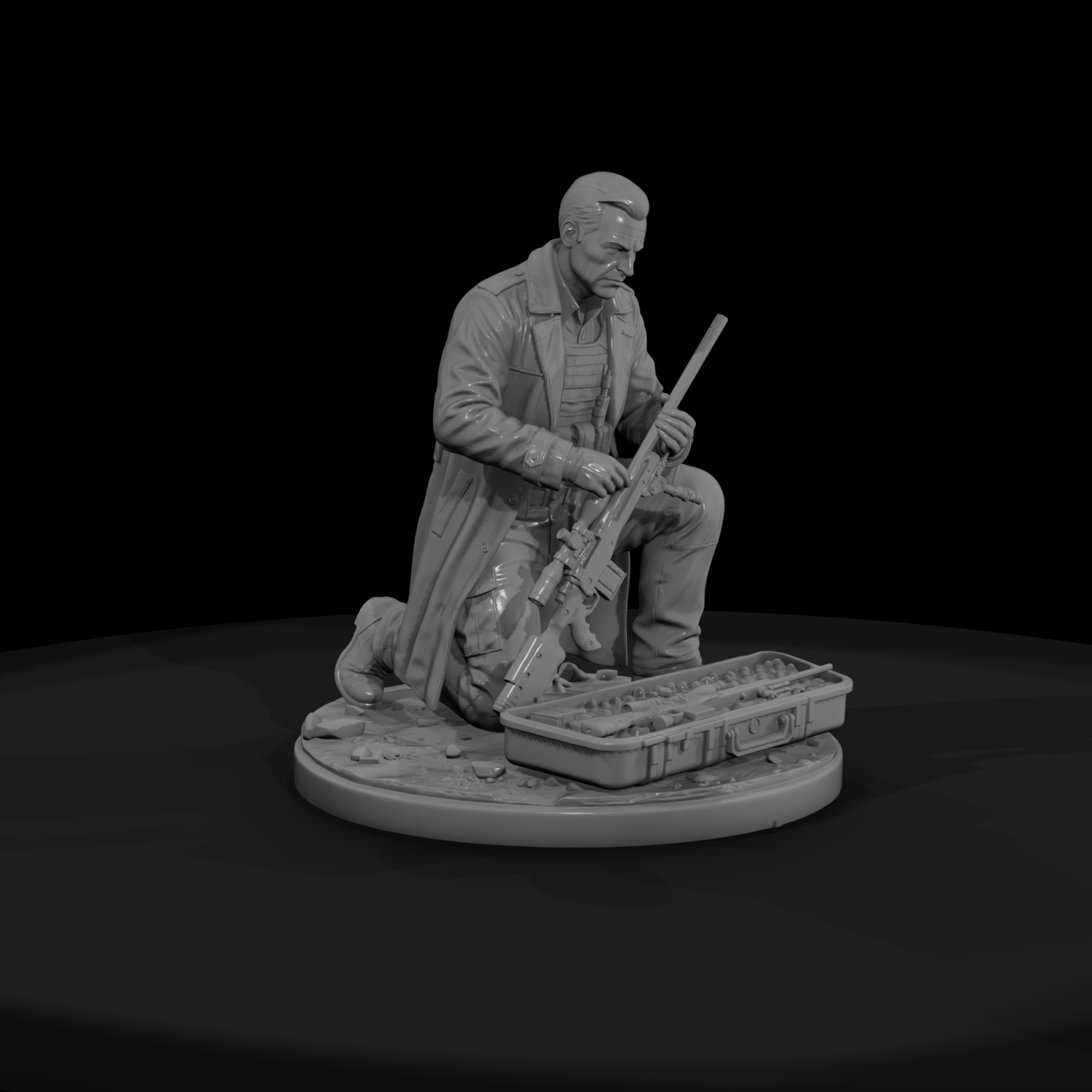 Kneeling Sniper in Leather Coat