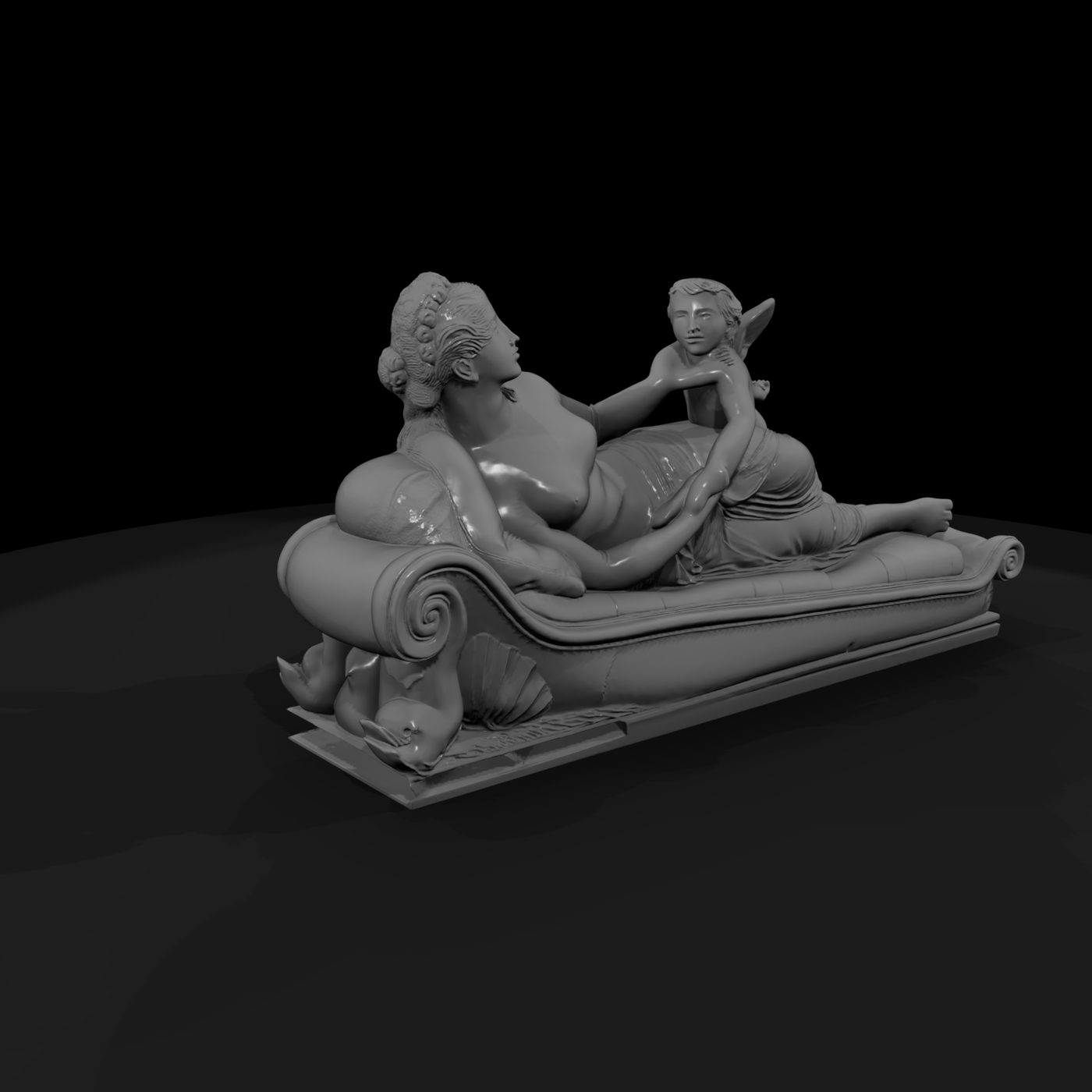 Reclining Woman with Cherub on Chaise ( Sculpture)