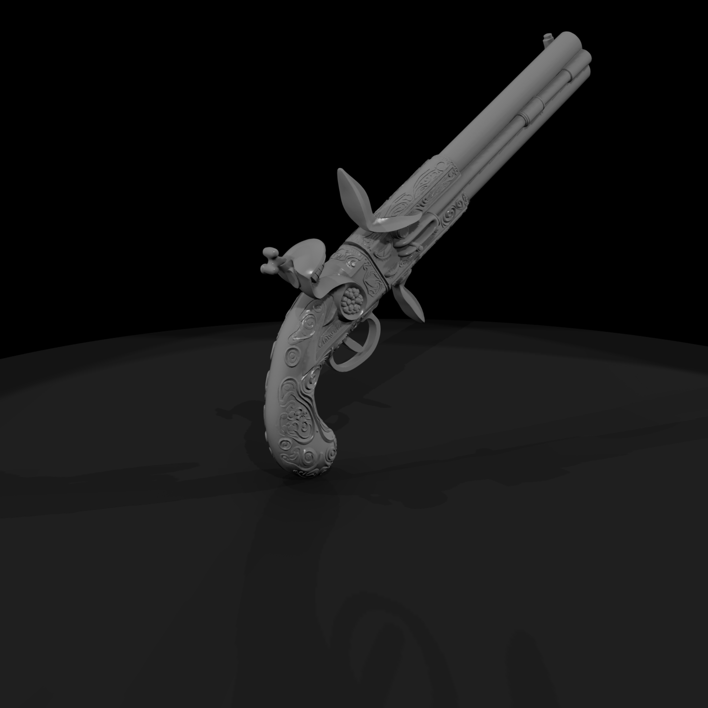 Engraved Double‑Barrel Flintlock Pistol