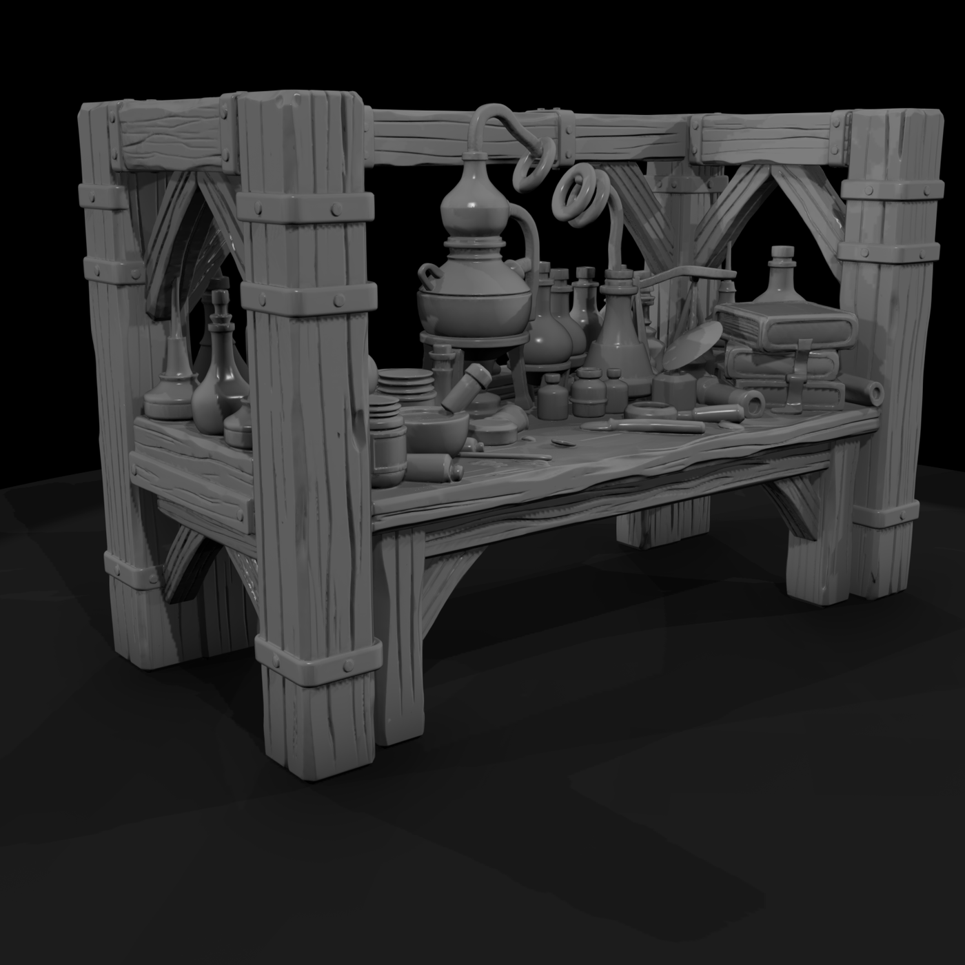 Stylized Fantasy Alchemist Workbench 3D Model Cpd7