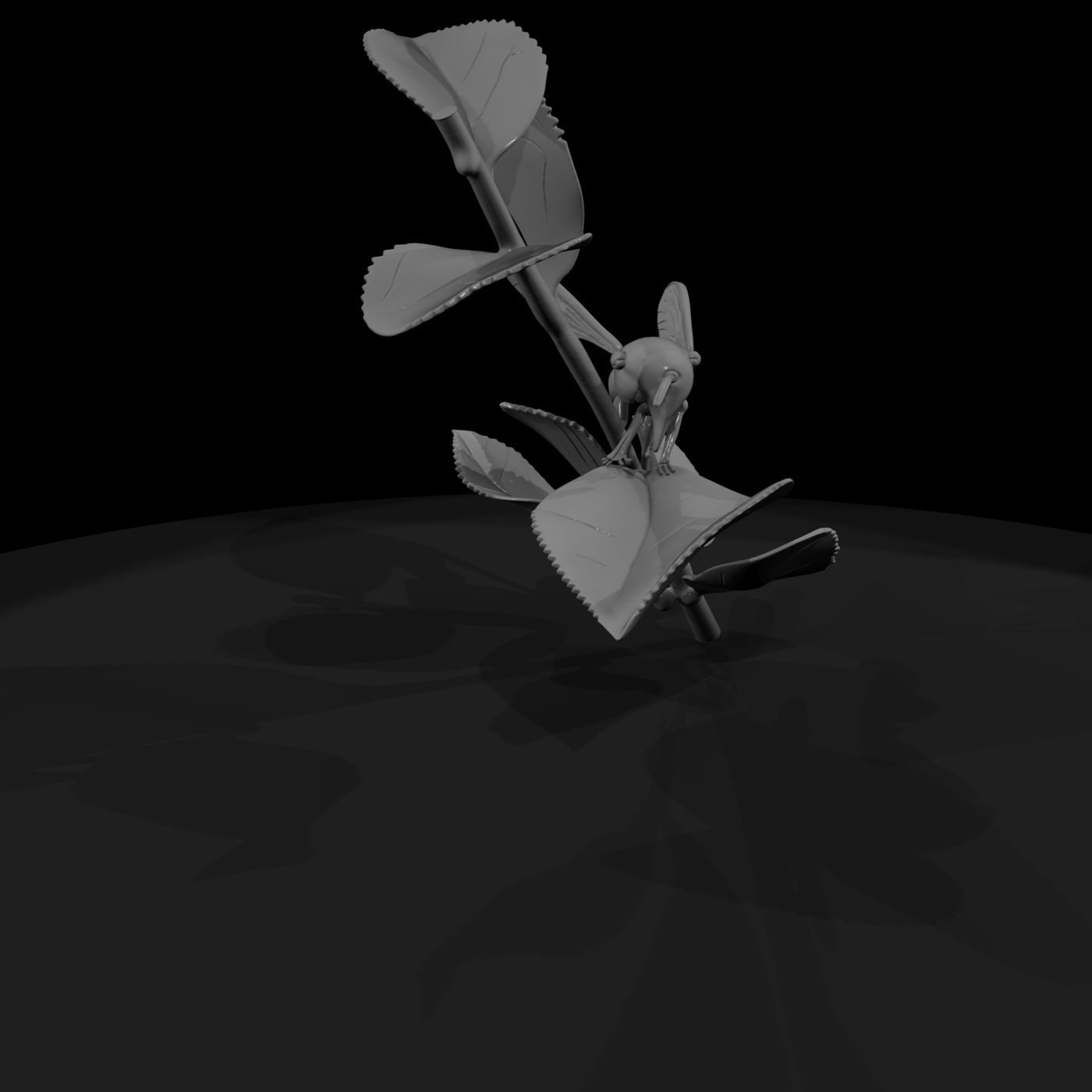 Stylized Low-Poly Wasp on Leafy Twig — Accent