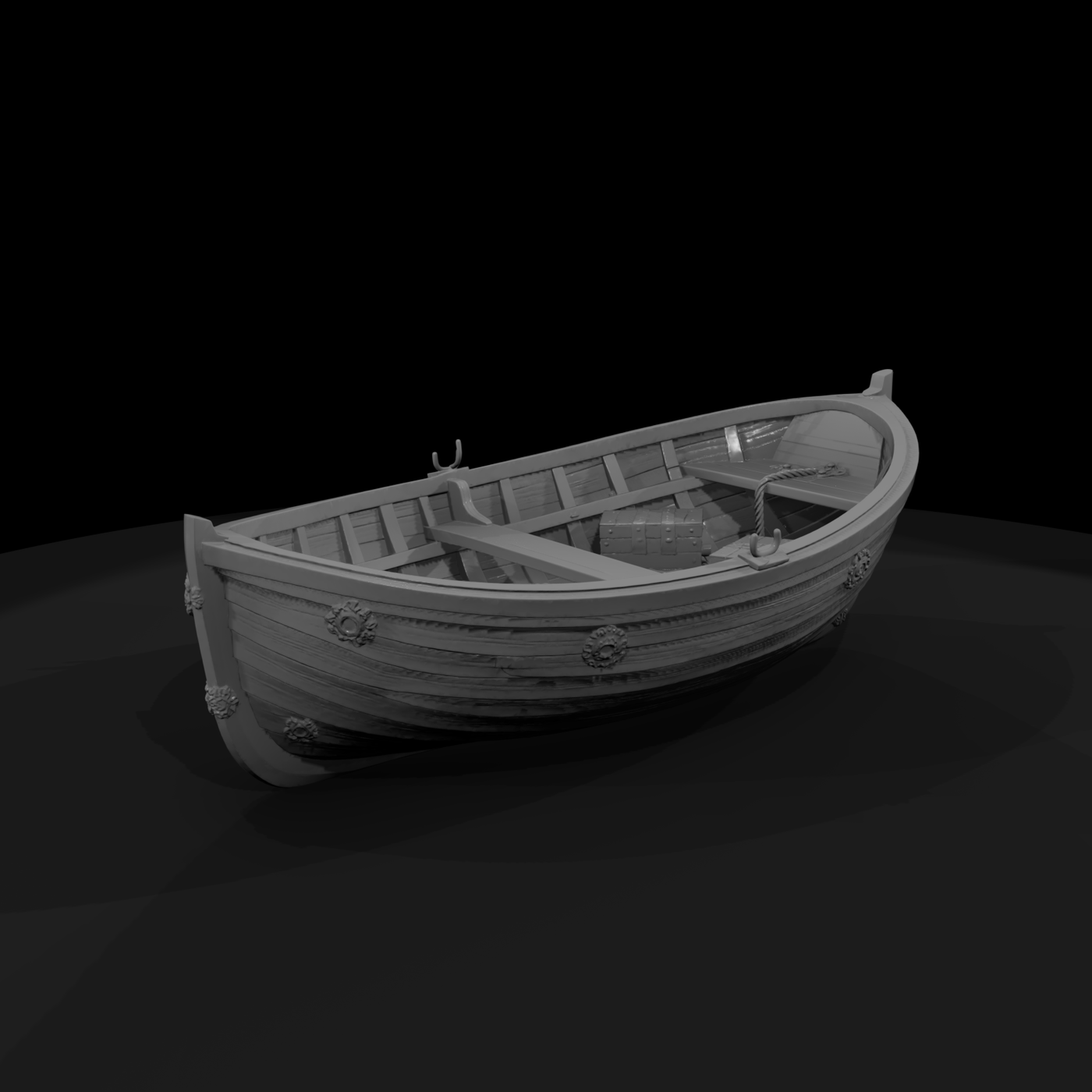 Planked Wooden Rowboat with Chest