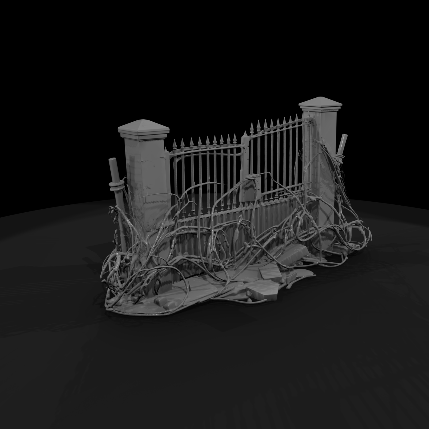 Damaged Ornamental Wrought-Iron Gate with Stone Posts