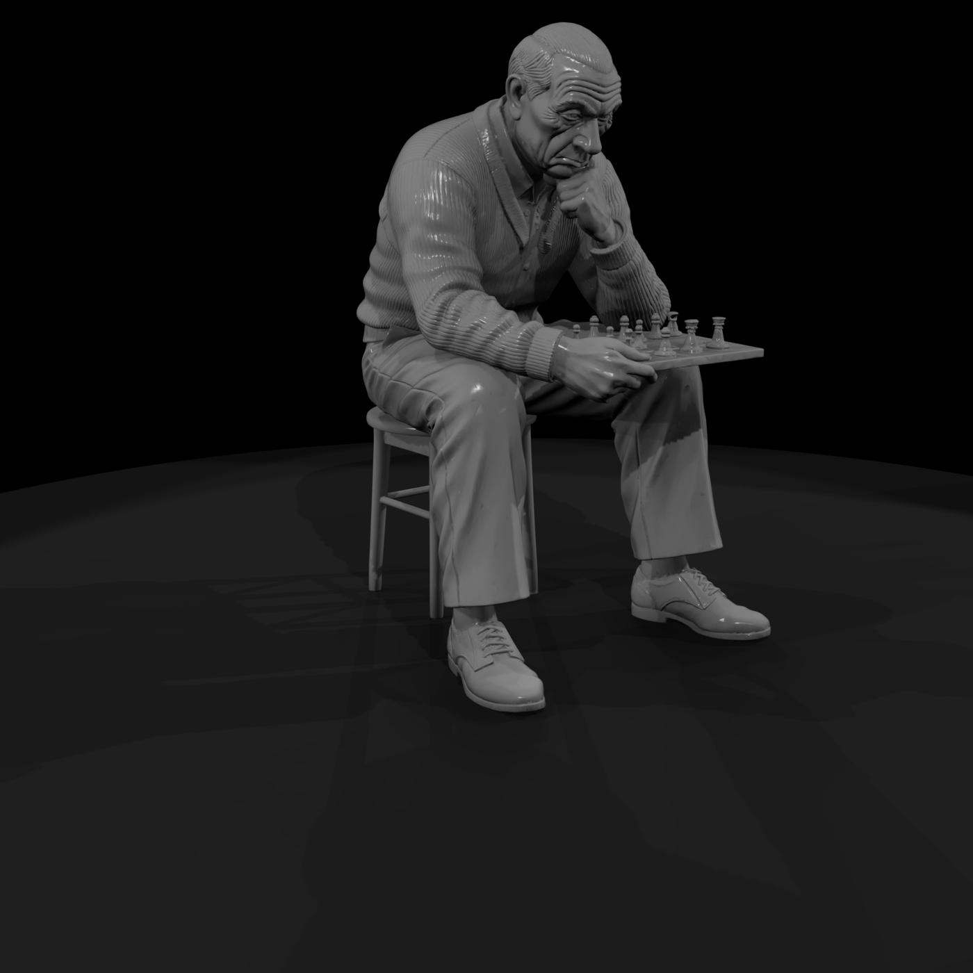 Elderly Man Contemplating Chess