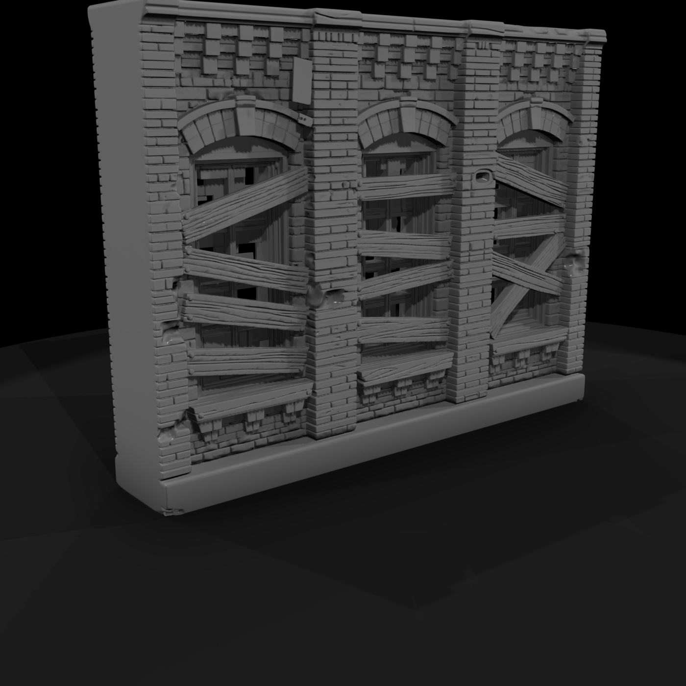 Stylized Boarded Brick Building Facade 3D Model 2P