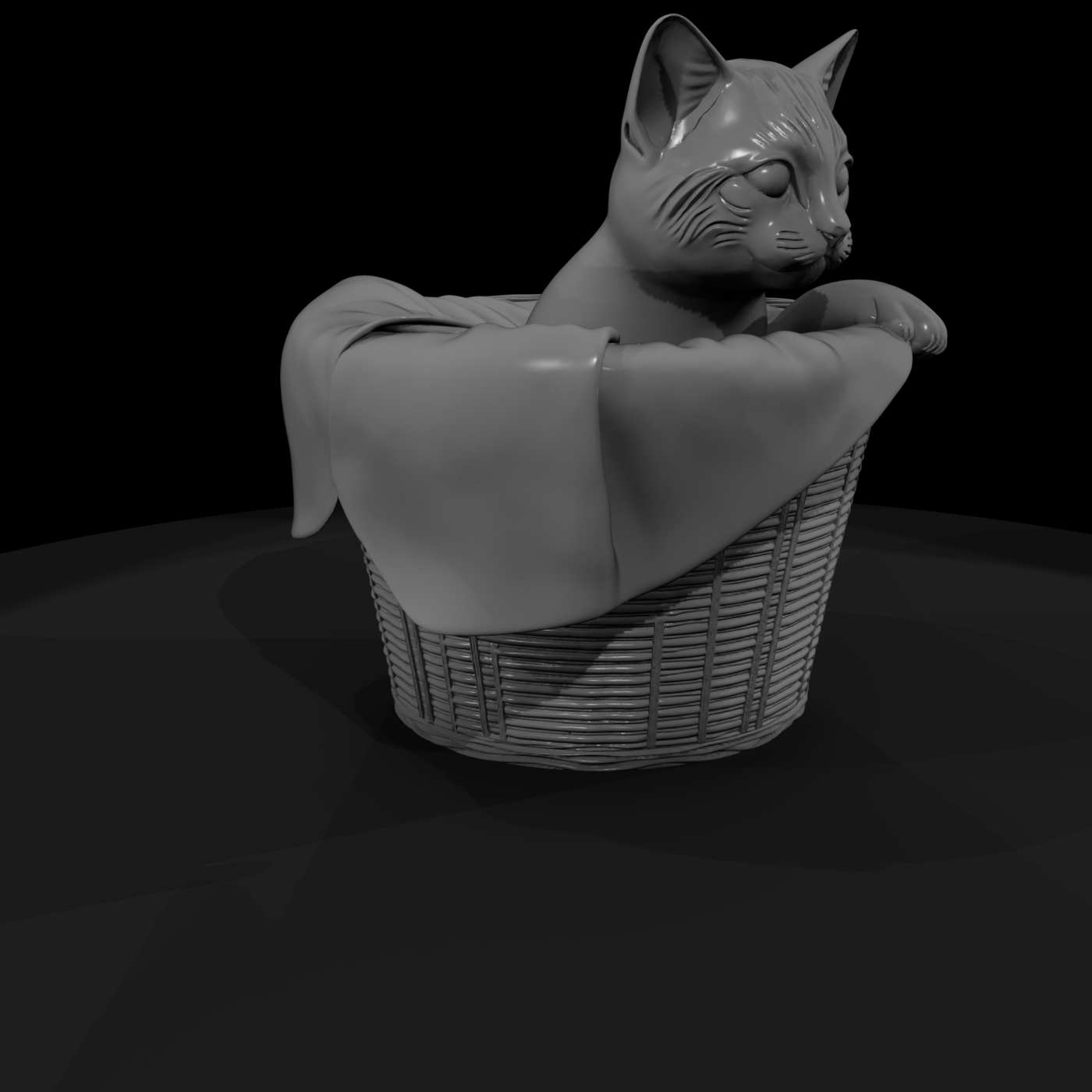 Stylized Tabby Cat in Wicker Basket
