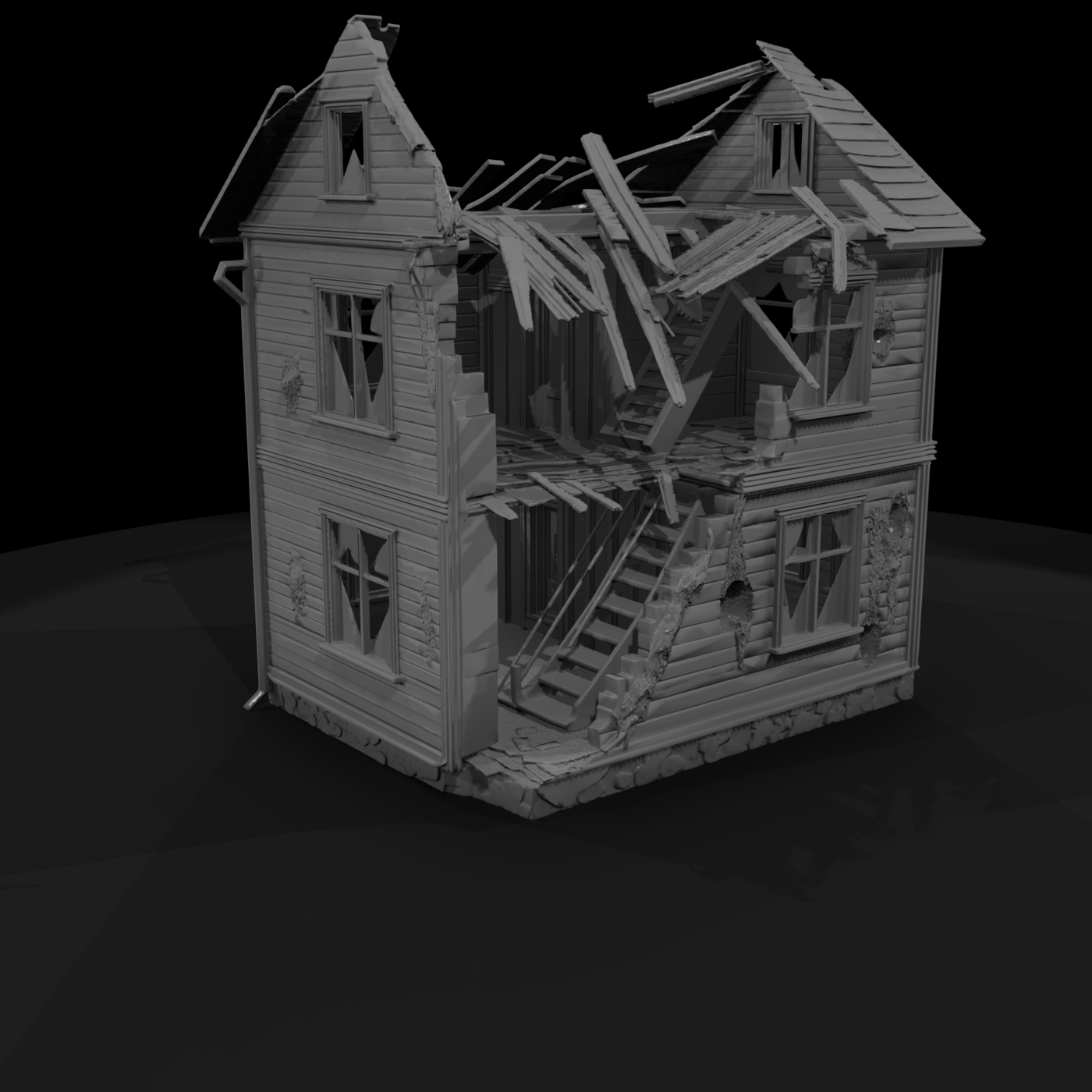 Ruined Two-Story Suburban House
