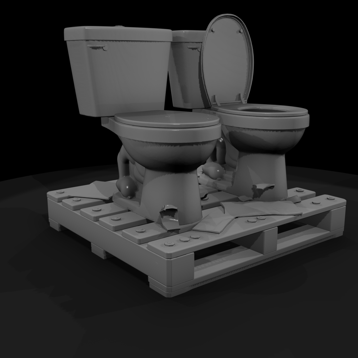 Worn Twin Toilets on Wooden Pallet