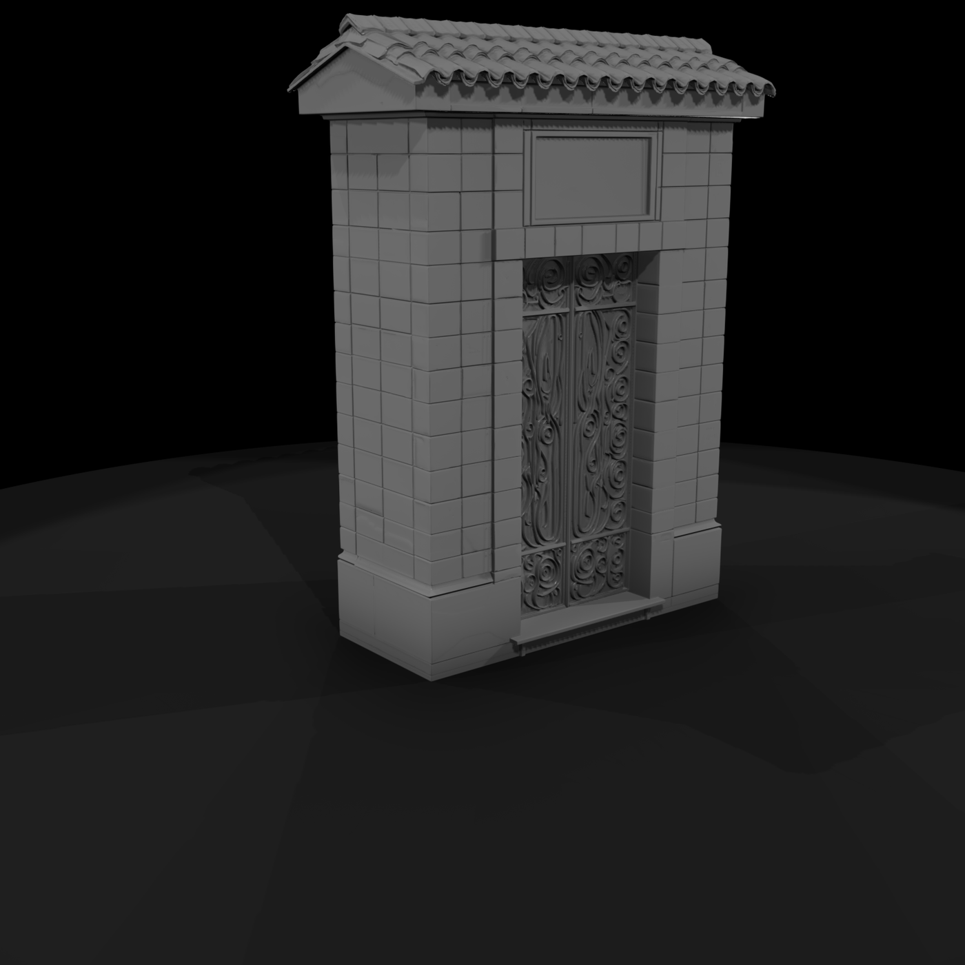 Mediterranean stone doorway with tiled roof