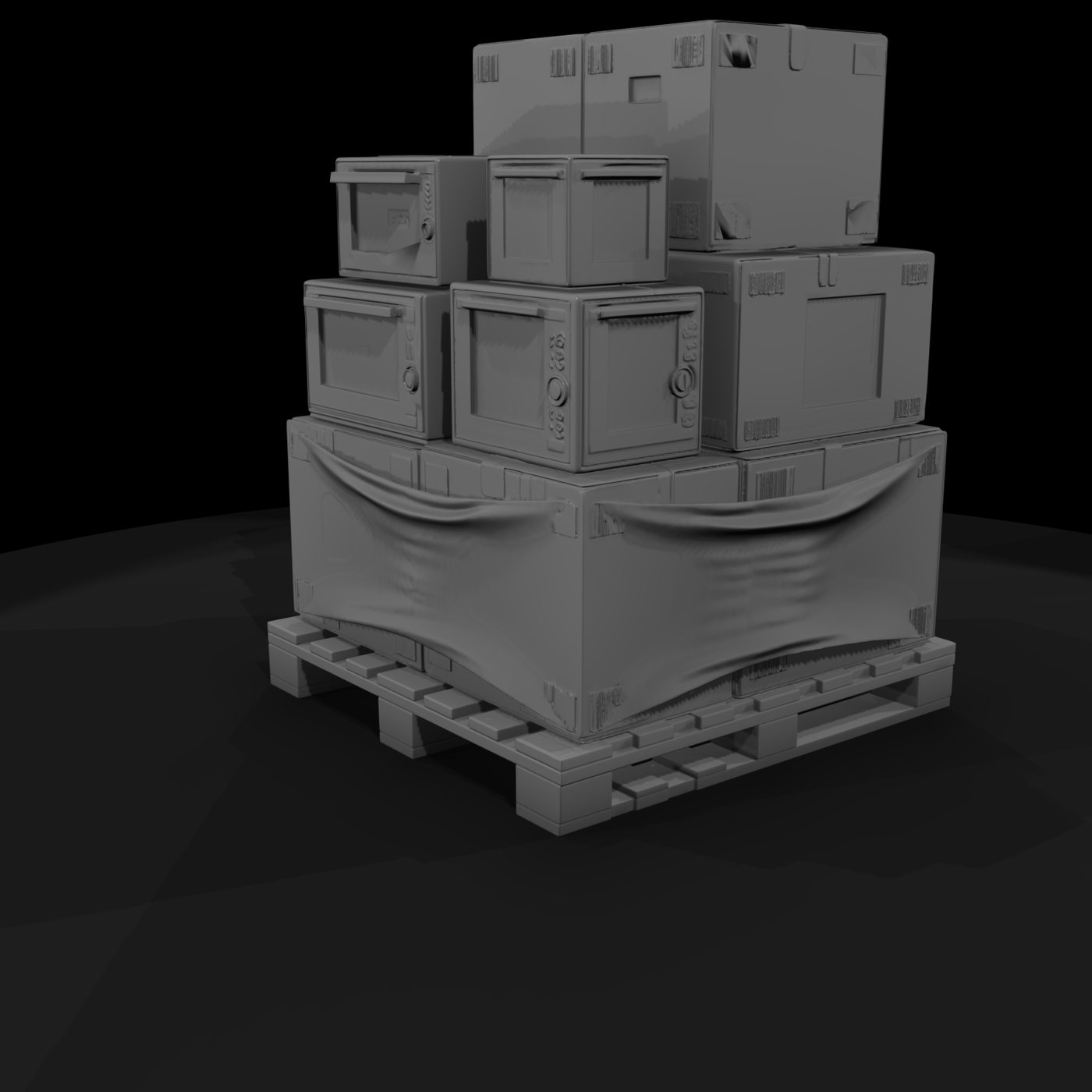 Stacked Shipping Pallet with Crates and Stretch Wrap