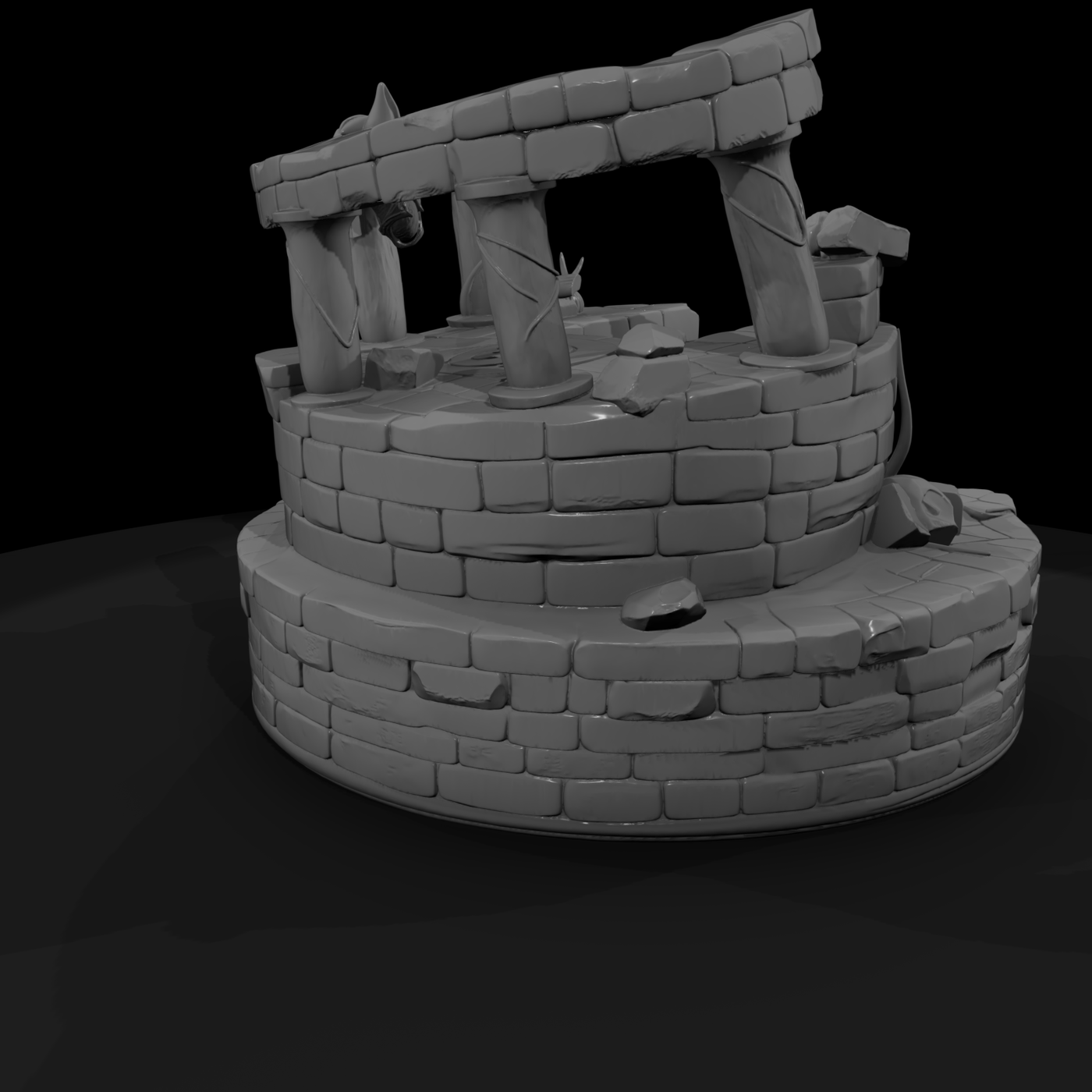Stylized fantasy ruined shrine centerpiece