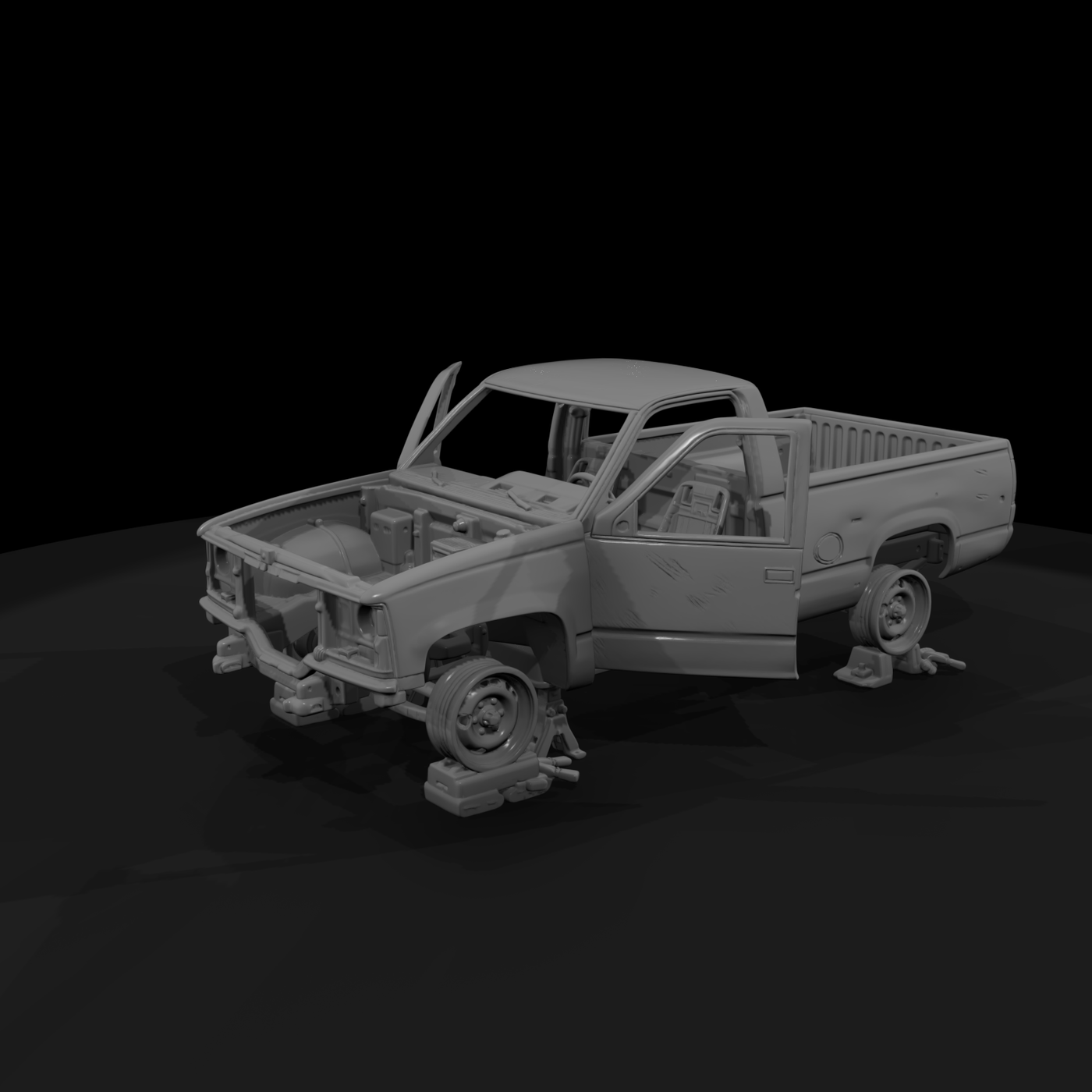 Stripped Junkyard Pickup on Jack Stands