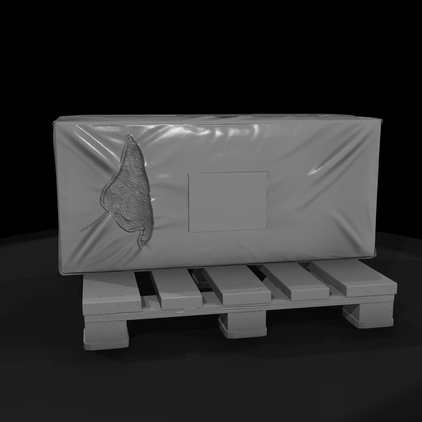 Tarp-wrapped cargo on wooden pallet