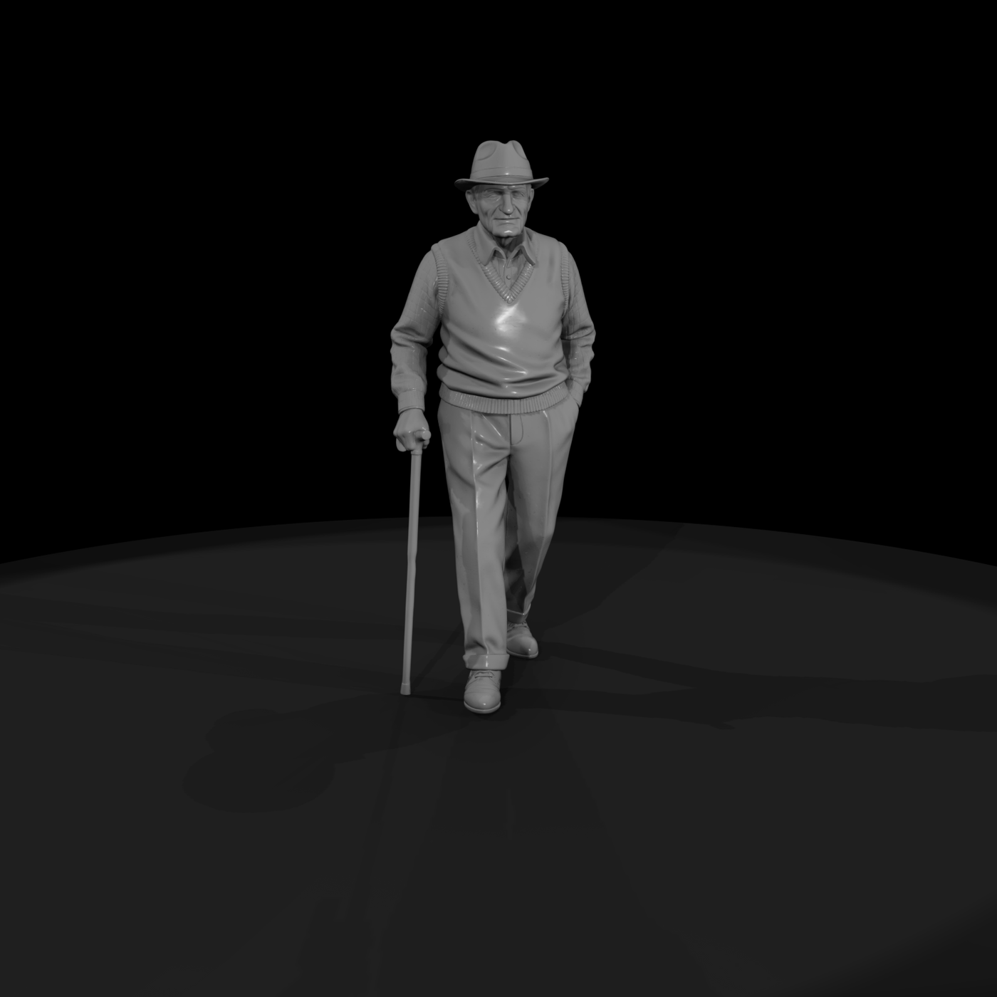 Elderly Man Walking with Cane